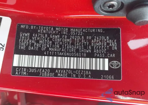 2022 Toyota Camry Se from USA, damaged, VIN 4T1T11AK6NU056018